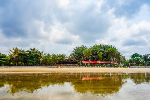Serene Tropical Beach with Lush Palm Trees and Reflective Shoreline under a Cloudy Sky A view of Bome Beach under cloudy skies in Equatorial Guinea.