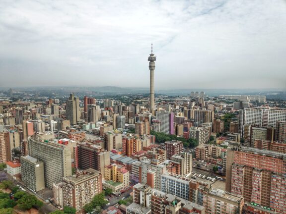 Aerial image of johannesburg with cdb tower and high-rise buildings.