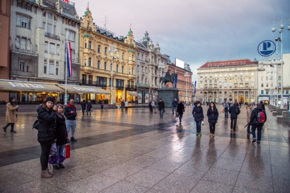 Statue of Josip Jelačić in a Busy Zagreb Square Ban Jelacic Square in Zagreb