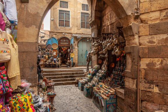 Bustling Market Alley at Khan el-Khalili Bazaar Cairo egypt feb 02 2019: lamp or lantern shop