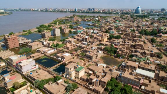 Nile River and the capital city Khartoum, aerial view.