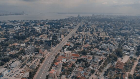 Aerial View of a Busy Street in Kinshasa, Congo Kinshasa, the capital of Kongo aerial view.