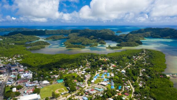 Aerial panoramic view of city of Loror in Palau.