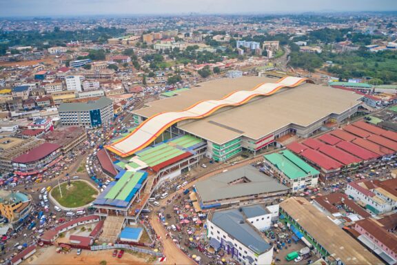 Aerial View of Colorful Market in Kumasi, Ghana Aerial view of the whole kumasi market