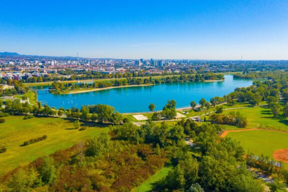 Aerial View of Lake Jarun in Zagreb Aerial view of the artificial lake, Jarun