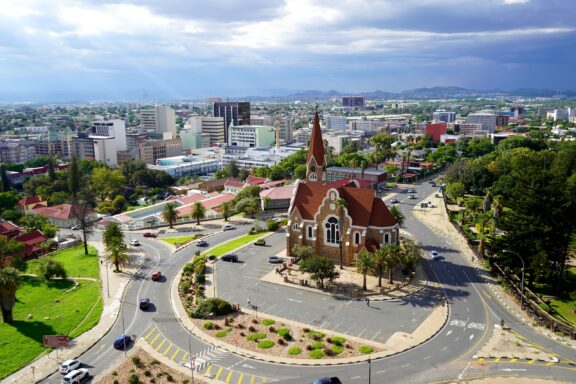 Aerial View of Christ Church with Cityscape Background An aerial view of Christ Church in Windhoek, Namibia.