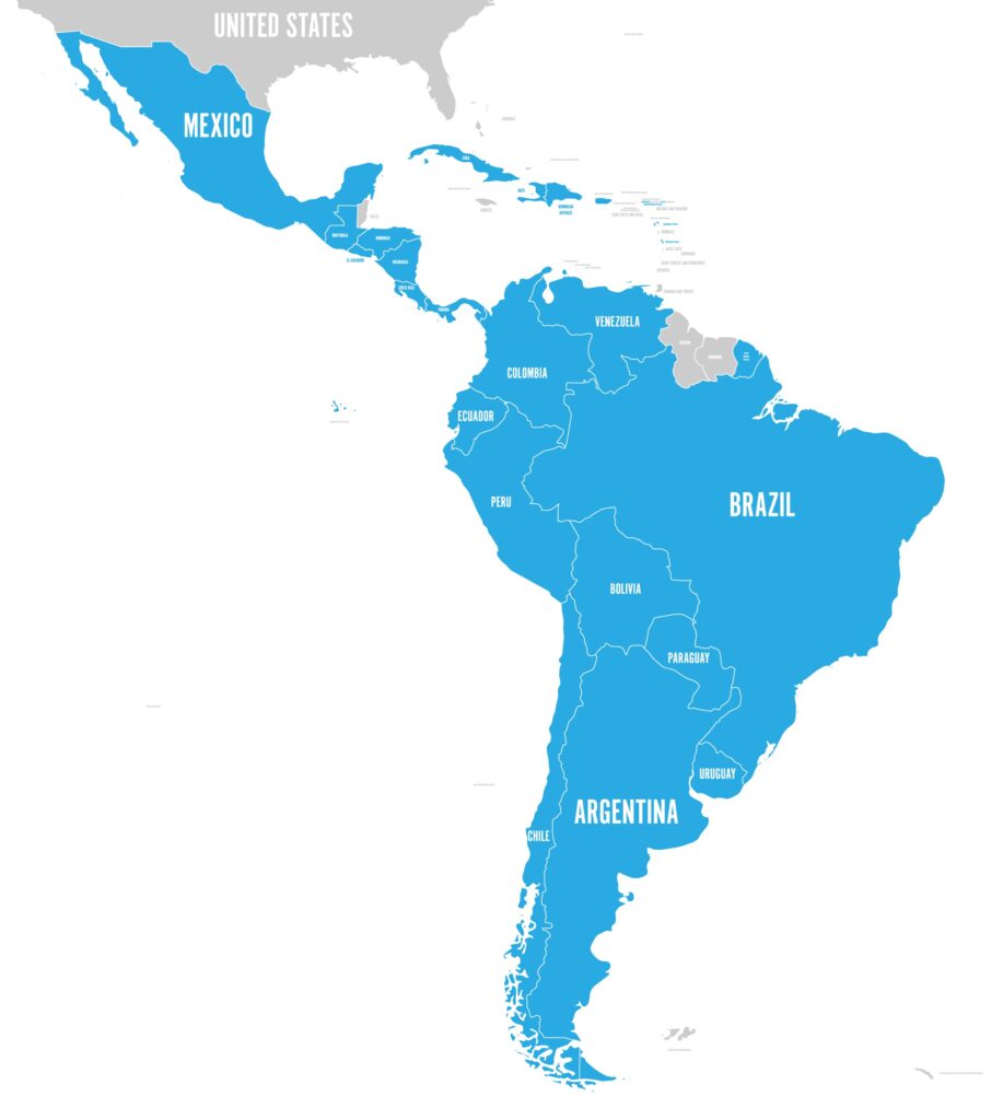 Political map of latin america latin american states blue highlighted