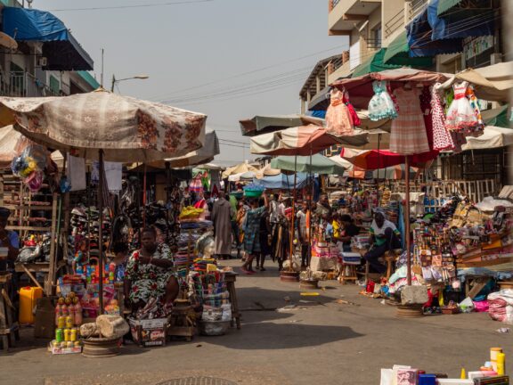 View over the market stalls on the street in Lome, Togo.