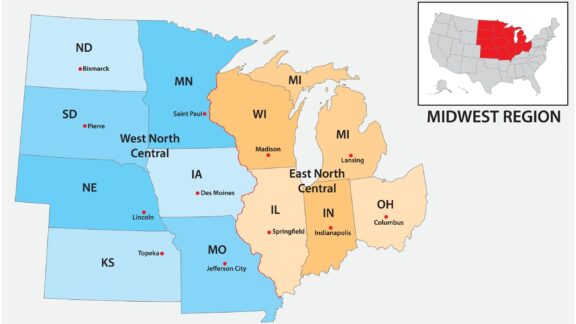 Map of the Midwest Region of the United States Administrative vector map of the us census region midwest