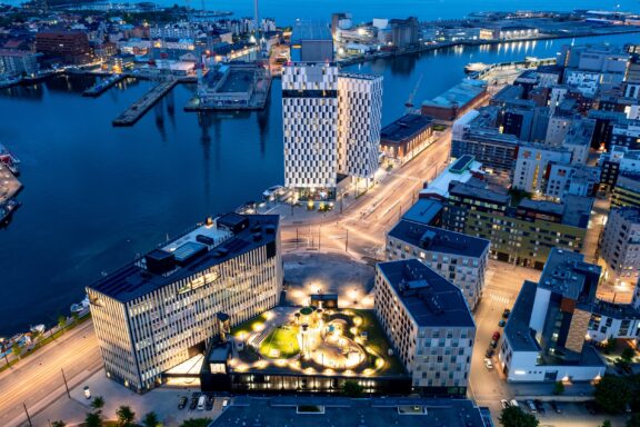 Aerial View of Modern Neighborhood in Helsinki at Twilight Modern Helsinki neighborhood.