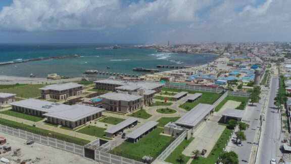Aerial View of Coastal City in Somalia Mogadishu somalia, showing the Turkish Embassy in the foreground.