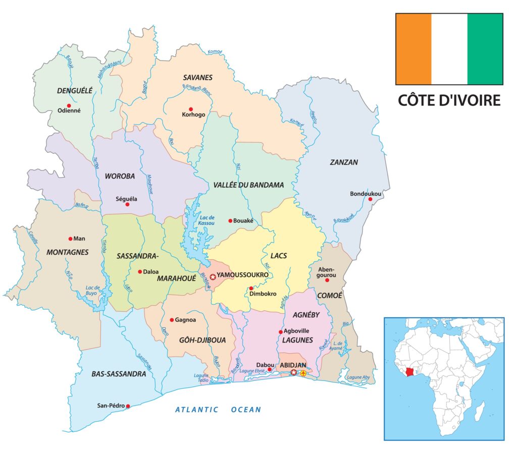 A vector map shows the districts of the Ivory Coast as well as major cities. 