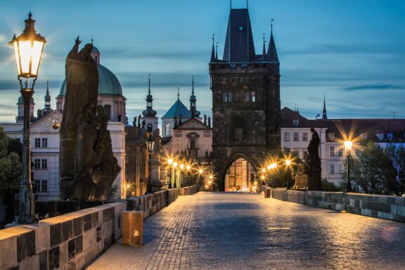 Dusk at the Old Town Bridge Tower in Prague Old Town Bridge Tower at the end of Charles Bridge