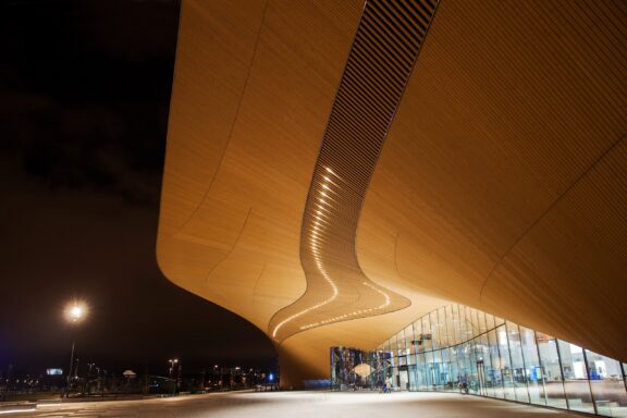Night View of Modern Library Architecture Entrance to the Oodi Central Library in Helsinki