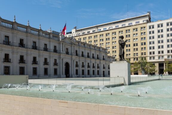 La Moneda Palace with Fountain in Foreground Santiago chile january 27 2020: view of the palacio de la