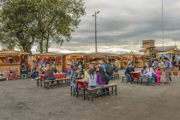 Outdoor Market Scene with People and Stalls Quito ecuador febraury 2016 people at ecuadorian food