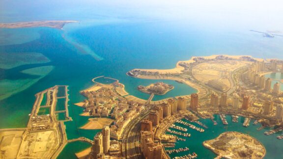 Aerial view of the Pearl-Qatar, the luxurious and modern artificial island in Persian Gulf, Doha, Qatar