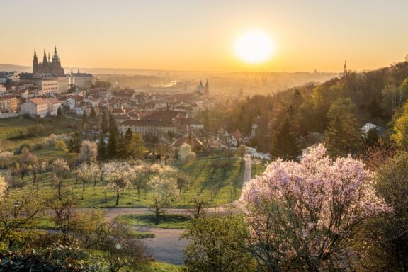 Sunset over Petrin Hill in Prague Scenic view of Petřín Hill in spring
