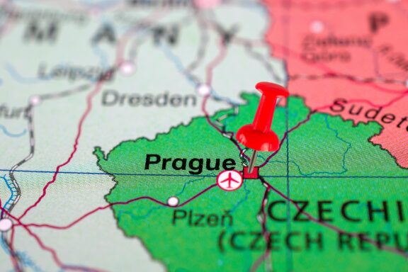 Red Pin on Prague Map Location Close-up location of Prague, Czech Republic