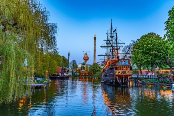Pirate Ship Restaurant at Tivoli Gardens at Dusk Pirateriet restaurant in the Trivoli Gardens amusement park