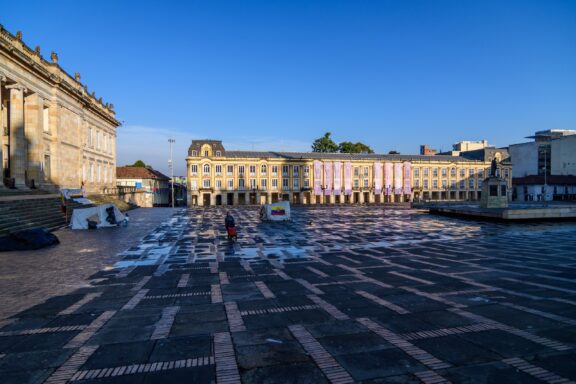 Plaza de Bolivar at Dusk Bogota colombia march 2023 cathedral basilica of the immaculate conception