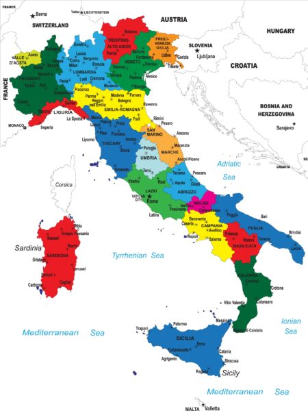 Political map of Italy with major cities