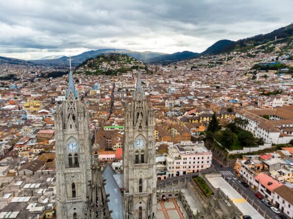 Aerial View of a Gothic Basilica in Quito, Ecuador Aerial view of the basilica of the Basilica of the National Vow (Spanish: Basílica del Voto Nacional)