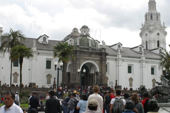 Crowds outside of Quito Metropolitan Cathedral