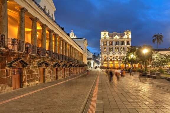 Evening in Quito Old Town Plaza de la Independencia, located in the Old Town of Quito