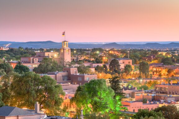 Dusk over Santa Fe, New Mexico Santa fe new mexico usa downtown skyline at dusk