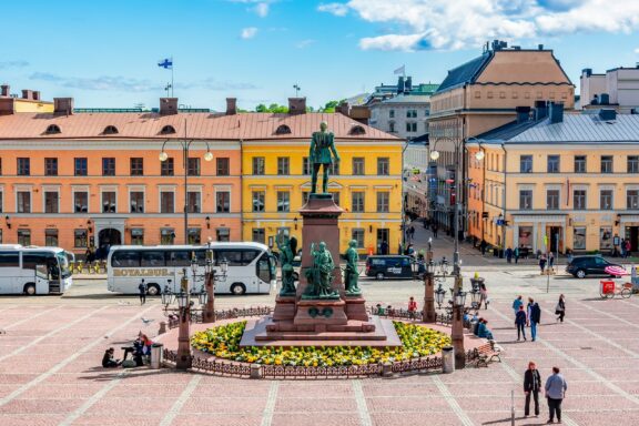 Senate Square in Helsinki with Statue and Colorful Buildings Senator Square in Helsinki and monument of ALexander II