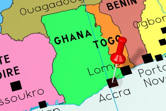 Pushpin on Map Indicating Accra, Ghana Location of Accra, Ghana