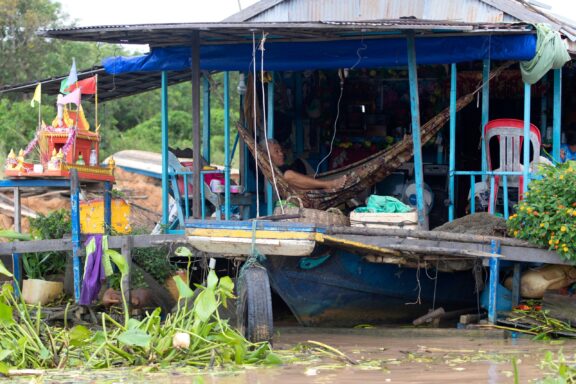 Siem Reap Province, Cambodia. July 23 2018: Houseboat, Chang Kneas floating village.