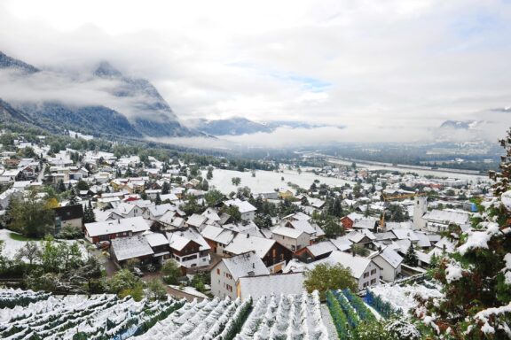 Aerial view of snow covered valley in Liechtenstein.