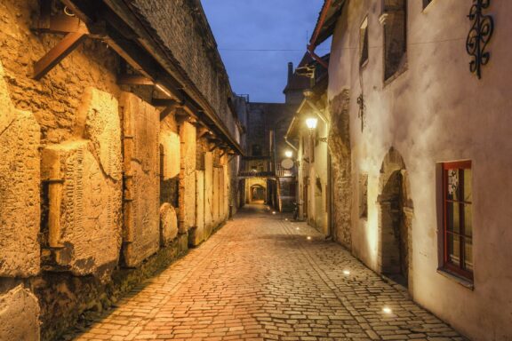 Cobblestone Alley at Twilight 15th Century St. Catherine's Passage in Tallinn