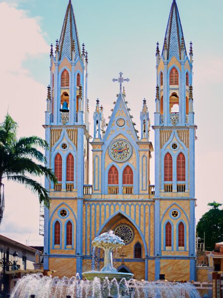 Gothic Style Cathedral Facade with Fountain St. Elizabeth Church, one of the most iconic structures in Malabo.