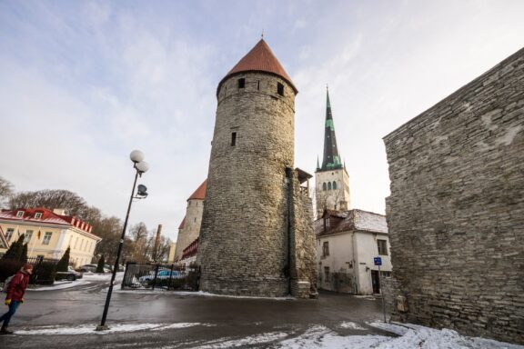 Historic Church and Tower with Stone Walls Plate Tower in front of the St. Olaf Church