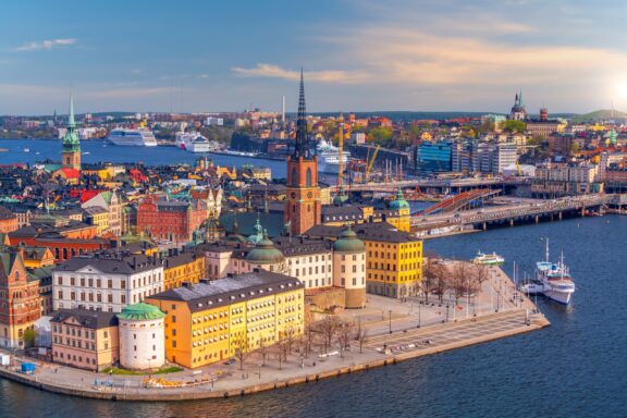 An aerial view of Stockholm near the water in Sweden.