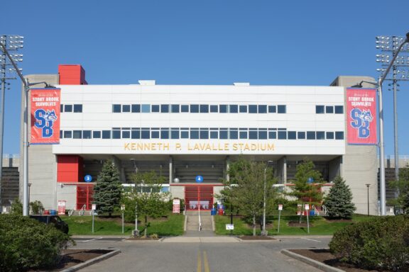 The facade of LaValle Stadium at Stony Brook University.