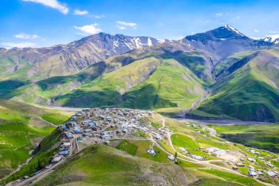 A view of the ancient Khinalug village in the mountains of Azerbaijan.