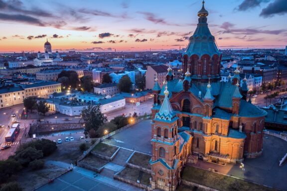 Twilight over Uspenski Cathedral and Cityscape Aerial view of Upenski Cathedral in Helsinki