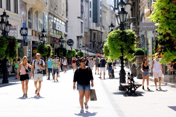 People stroll through Váci Street (Váci utca)