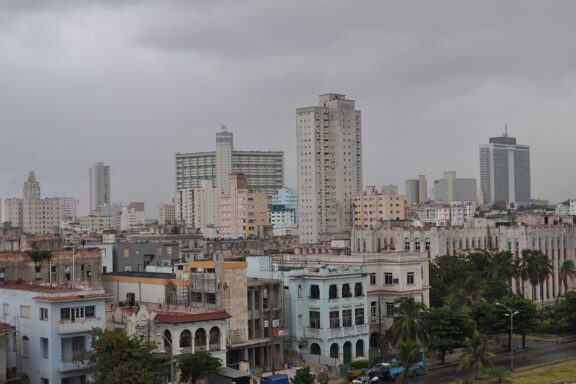Cloudy Skyline of Vedado, Havana Business District Aerial view of Vedado, the business district of Havana