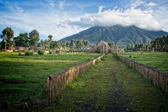 Scenic View of Volcanoes National Park with Lush Greenery and Misty Mountains in Rwanda A trekking path leads toward a cloud-covered volcanoe in Rwanda.