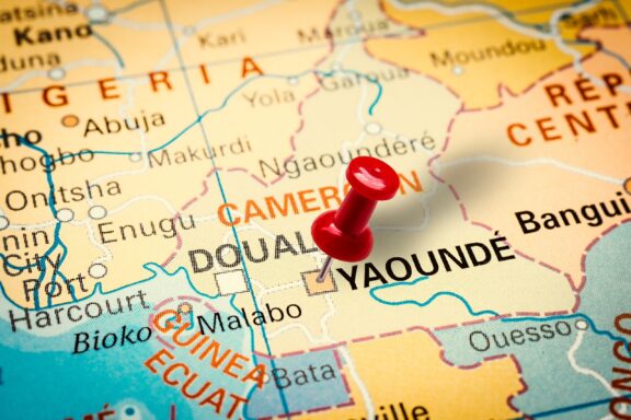 Map with Location Pin on Yaoundé, Cameroon Close-up location of Yaounde, Cameroon, and its neighboring countries