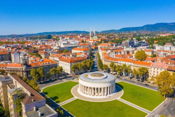 Aerial view of Zagreb with focus on Mestrovic Pavilion