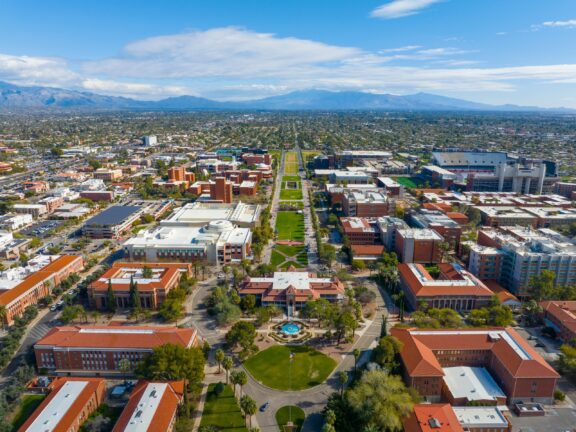 An aerial view of the main campus at the University of Arizona in Tucson.