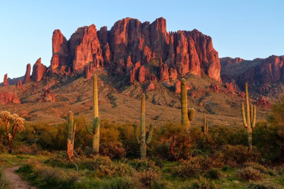 A view of the Superstition Mountains in Lost Dutchman State Park in Arizona.