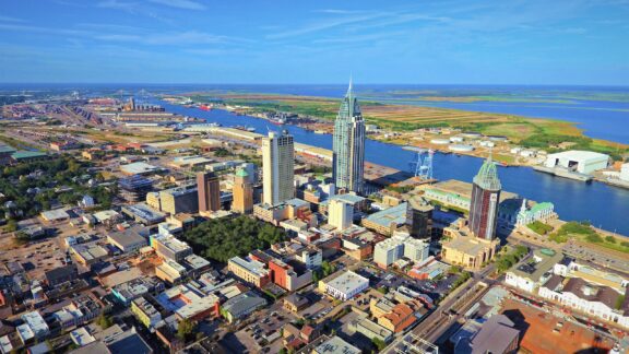 The Mobile River flows through the city of Mobile, Alabama.