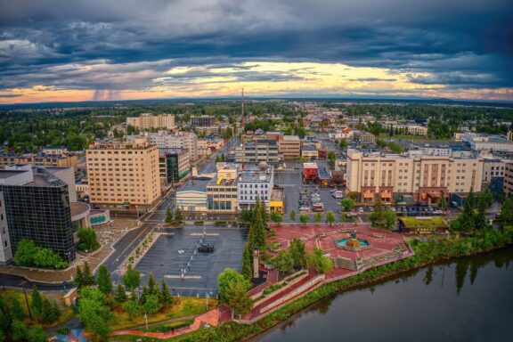 An aerial view of Fairbanks, the borough seat of Fairbanks North Star Borough in Alaska. 